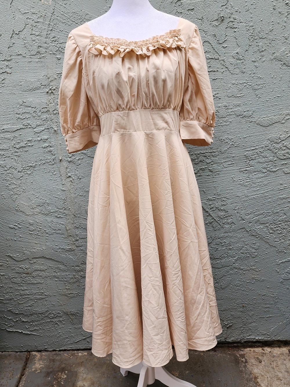 Cottagecore Puff Sleeve Midi Dress Ruffle Square Neck Apricot Peach